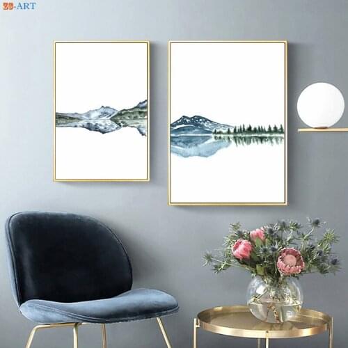 Blue Green Wall Art Abstract Art Print Mountains Lake Poster Landscape Canvas Painting Picture Contemporary Artwork Modern Decor