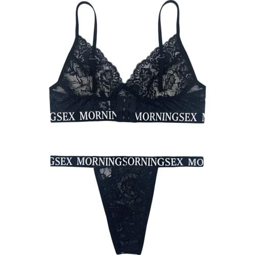 Women Sexy Two-piece Lingerie Set, Black Deep V-neck Underwear and Low Waist Panties, S/ M/ L/ XL