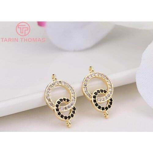 4PCS 16x9.5MM 24K Gold Color Plated Brass with Zircon Two Circles Connector Pendants Charms Diy Jewelry Findings Accessories