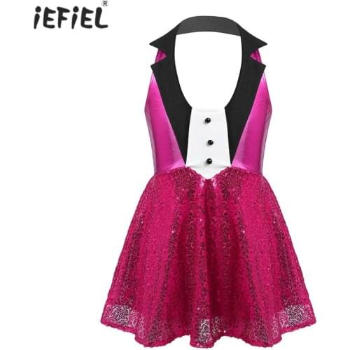 Fashion Kids Dresses For Girls Jazz Dance Costumes Halter Lapel Neck Birthday Party Dress Children Shiny Sequins Princess Dress