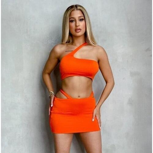 Neon Green Summer Two Piece Set Women Slim Bodycon Mini Skirt and Crop Top Set Hollow Out Party Club Outfits for Women Clothing