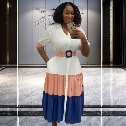 African 2021 New Fashion Dresses With Sashes Women Turn-down Collar Short Sleeve Patchwork Pleated Maxi Dress Elegant Femme