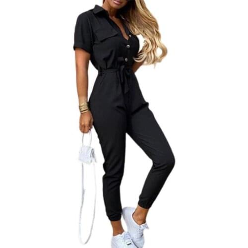 New Women Casual Jumpsuit Solid Color Stripes Short Sleeve Turn Down Collar Slim Romper Overall for Daily Life Streetwear