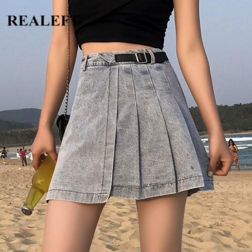 REALEFT Summer 2021 New Womens Denim Pleated Skirts High Waist Skater Mini Skirts Sashes Jeans Female Shorts A-Line Skirts Saia