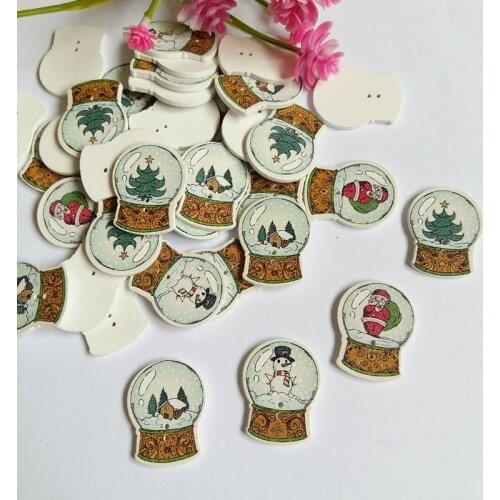 50pcs 23x29mm Mixed Christmas crystal ball Painted Wooden decorative Buttons For Sewing Scrapbooking for Crafts