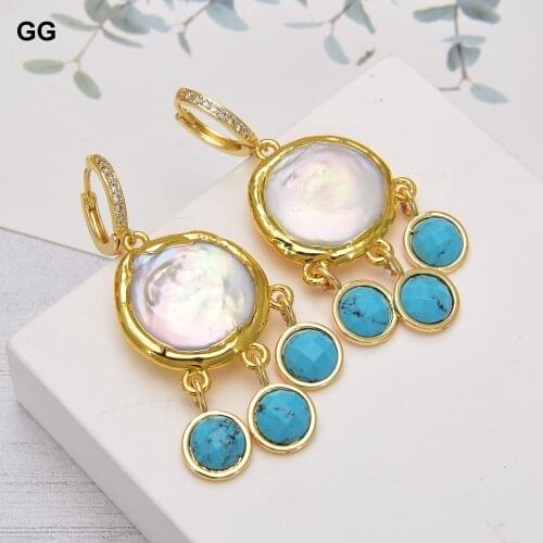 GuaiGuai Jewelry Natural Pearl Cultured White Coin Freshwater Keshi Pearl Blue Turquoises Dangle CZ Hook Earrings For Women