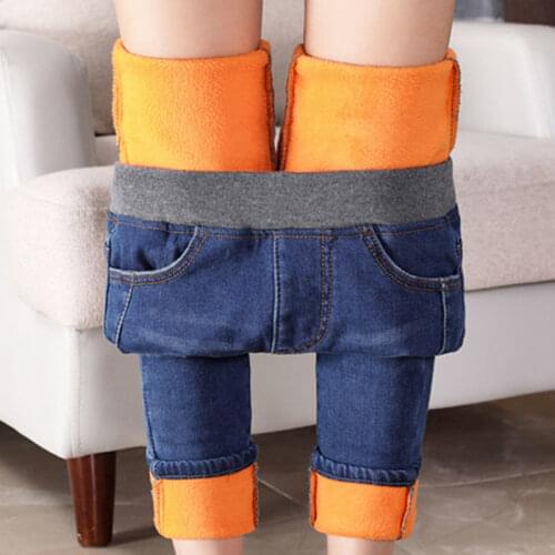 Warm Winter Plus Size Slim Jeans Women Advanced Stretch Cotton Denim Pants Thick Fleece Pencil Trousers Blue Black Gray Y373