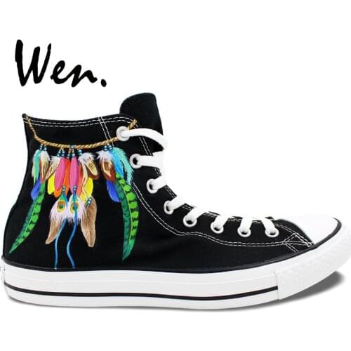 Wen Design Custom Hand Painted Shoes Feather Dreamcatcher Men Womens Black High Top Canvas Sneakers