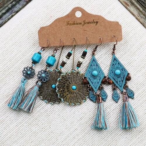 Vintage Ethnic New Bronze Earrings Set For Women Bohemian Multilayer Tassel Geometric Triangle Drop Earring Jewelry Hot Selling