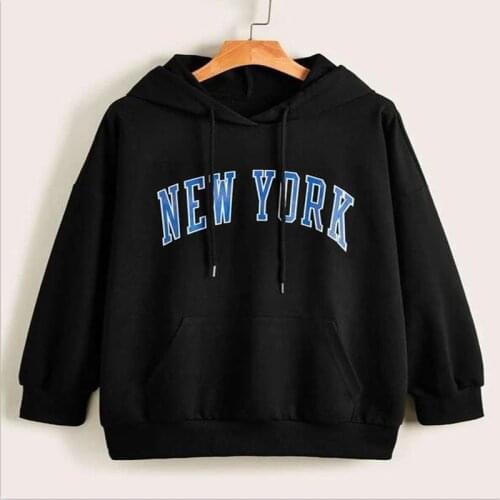 Vintage American Black Letter NEW YORK Blue Print Hoodies Women Long Sleeve Loose Casual Streetwear Girls Autumn Plus Size Tops