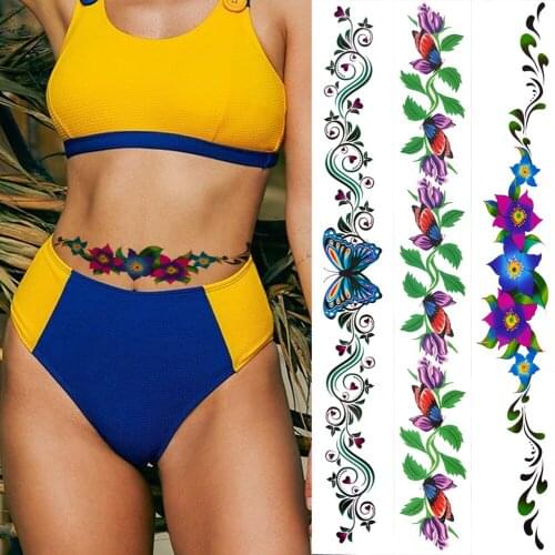 Flower Long Size Temporary Tattoos Sticker For Women Adult Fake Body Art Waist Painting Tattoo Waterproof Flora Vine Tatto Paper