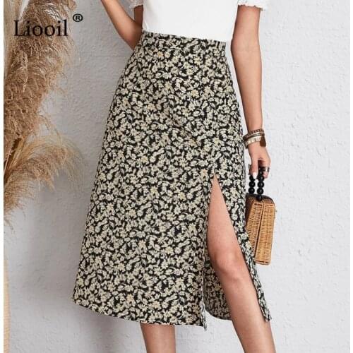 Liooil Floral Print Midi Slit Skirt A Line High Waisted Vintage Beach Skirt For Women Summer Casual Ladies Loose Skirts 2021