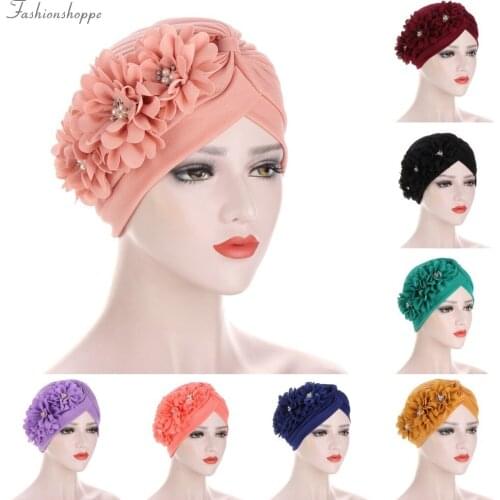 Women Diamonds Flower Turban Cap Soild Color Muslim Headscarf Bonnet Inner Hijabs Arab Head Wraps Indian Hat