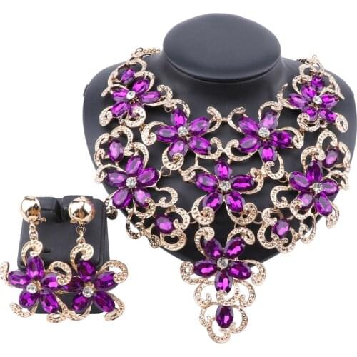 Women Accessories Wedding Bridal Gold Color Statement Crystal Flower Pendant Necklace Earring Party Jewelry Set