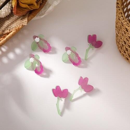 VSnow Korean Arcylic Pink Tulip Asymmetry Dangle Earrings for Women Girls Plant Hollow Out Holiday Earrings Jewelry Pendientes