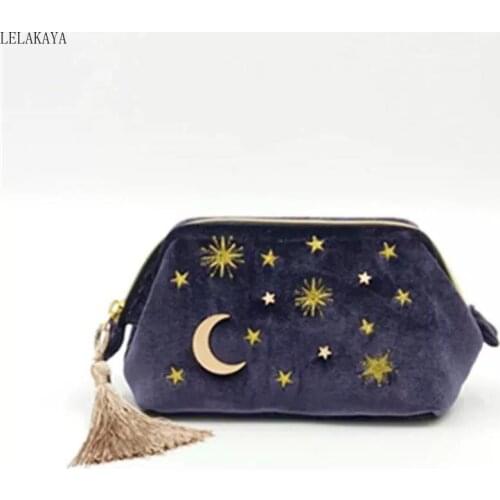 Female Lovely Fashion Anime Printed Velvet Star Moon Embroidered Tassel Zipper Cosmetic Storage Bag Travel Makeup Case Organizer