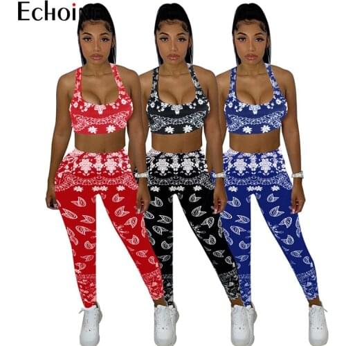 Echoine Women Summer Retro Print 2 Piece Set vest Crop Tops and trousers Sweatpants sets Tracksuit Streetwear Sexy Party Outfits