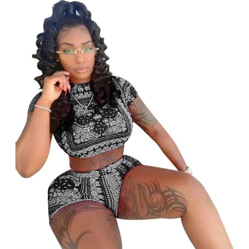 2021 Best Quality Famous Brand 2 pcs Women Set Print O-neck Short Tops and Shorts Summer Casual Elastic Outfits