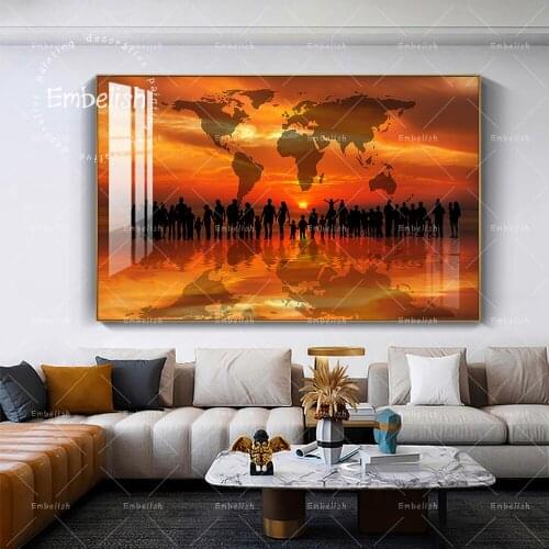 1 Pieces Sunset Golden World Map And People In Beach Landscape HD Canvas Oil Paintings For Living Room Home Decor Wall Pictures