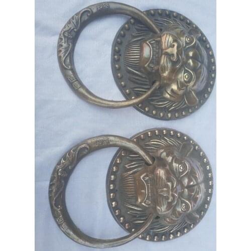 Home door decoration accessories,Collection 1 Pair Chinese Old Bronze lion Door bell,Antique style Metal Knocker