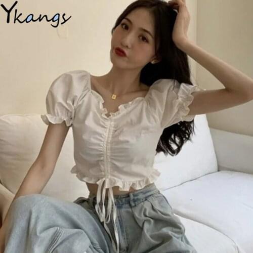 V-neck Puff Sleeve Chic Pleated Ruffle Blouses Women Shirts Summer Korean Style Crop Top Solid Sweet Lace-up Slim Harajuku Tops