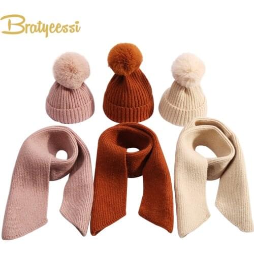 New Winter Baby Hat with Pompom Knitted Baby Beanie Hat and Scarf Set Thick Warm Snow Baby Cap Kids Accessories 9 Colors
