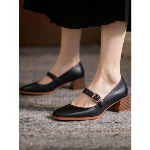 EshtonShero Women Party Prom Square Heeled Pumps Ankle Strap Summer Basic Concise Pumps Cow Leather Brand Round Toe Shoes Woman