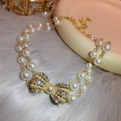FYUAN New Golden Bowknot Rhinestone Choker Necklaces for Women Pearl Necklaces Weddings Bride Jewelry