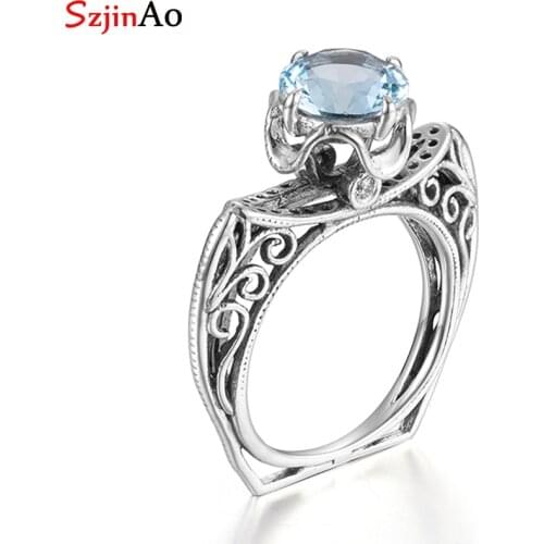 SzjinAo Classic 925 silver ring Bohemia Vintage Handmade Aquamarine rings indian jewelry 925 rings for Engagement weman rings