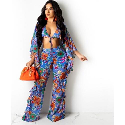 Sexy Floral Print Two Piece Set Women Long Sleeve Ruffles V-Neck Crop Top and Wide Leg Pants Suit Summer Boho Beach Club Outfits