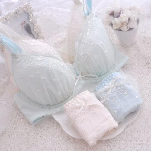 New Japanese Bra Set Solid Color Deep V-neck Lace Fresh Girl Underwear Lingerie Bra & panties Sets Underwire Push Up Large Size