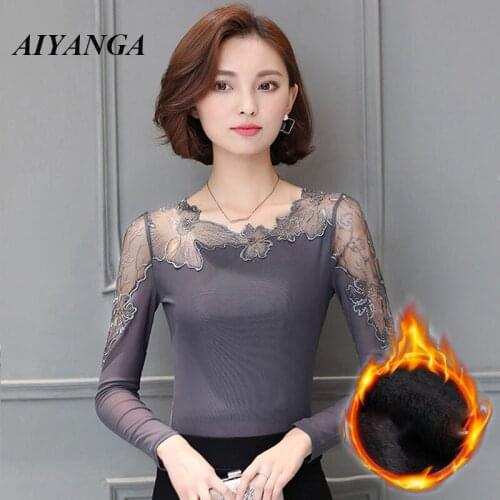 New Lace Womens clothing 2018 Autumn Long Sleeve Mesh Tops O Neck T-shirts Ladies Slim Elasticity Under Shirt Top Black Gray