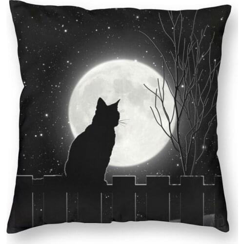 Black Cat Looking At The Full Moon Cushion Covers Sofa Living Room Animal Cartoon Square Throw Pillow Case 45x45cm