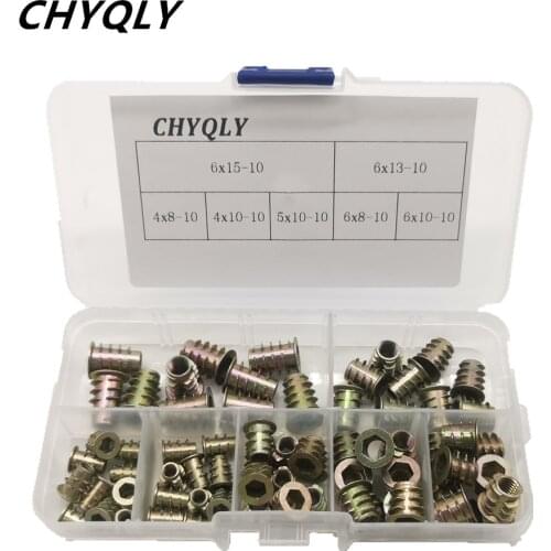 70pcs/set M4/M5/M6*8/10/13/15 Zinc Alloy Thread For Wood Insert Nut Flanged Hex Drive Head Furniture Nuts Assortment Kit