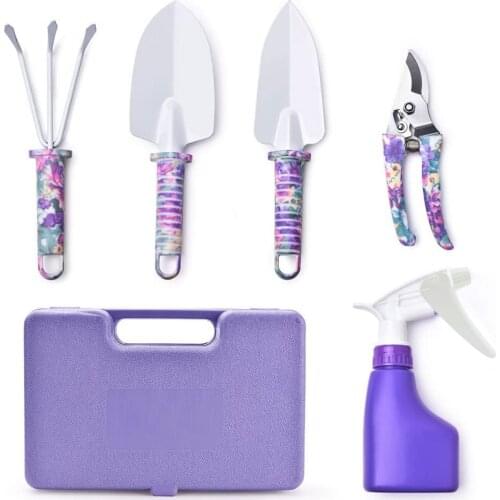 Garden Tools Set, 5 Pieces Gardening Kits with Purple Floral Print, Ergonomic Handle Shovel, Weeder Pruner Shears, Sprayer