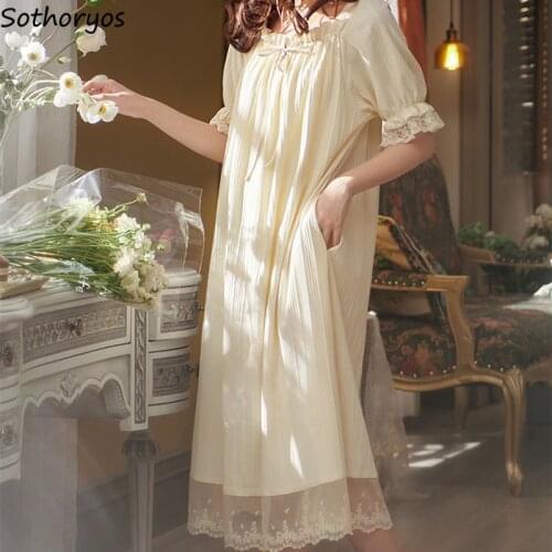Nightgowns Women Lace Square Collar Sexy Gentle Soft Homewear Short Sleeve Sleepshirts Oversize Sweet Casual Mujer Sleepwear New
