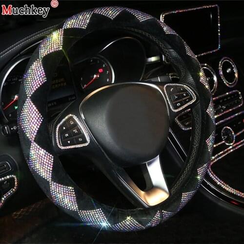 New Diamond Leather Steering Wheel Cover with Bling Bling Crystal Rhinestones Universal Fit 38cm/15in Car Wheel Protector
