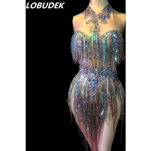 Sexy Backless Colorful Fringe Rhinestones Bodysuit Female Stage Dance Costume Bar Nightclub DJ Singer Dancer Show Tassel Leotard