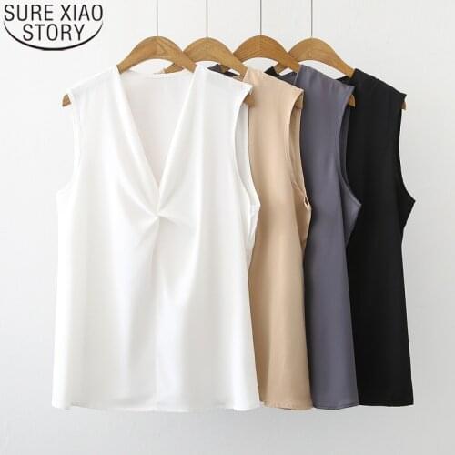 Off Shoulder Tops Female Vest Office Lady Sleeveless Blouse Women V Collar Chiffon Blouse Niche 2021 New Fashion Shirt 15327