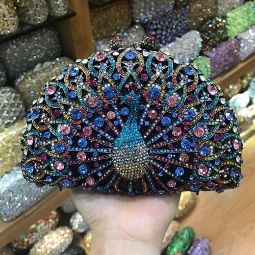 XIYUAN peacock Hard Case Metal Women Evening Clutches Bags Bridal Handbag Rhinestones Hand Clutch Wedding Purse messenger bags