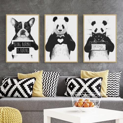 Funny Black White Animal Print Canvas Painting Poster Cartoon Wall Art Cute Panda Boston Terrier Picture Modern Home Decoration
