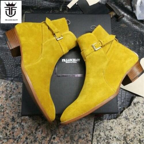 2019 new ankle buckle strap yellow suede Boots wedge pointed toe handmade shoes customized high quality leather shoes