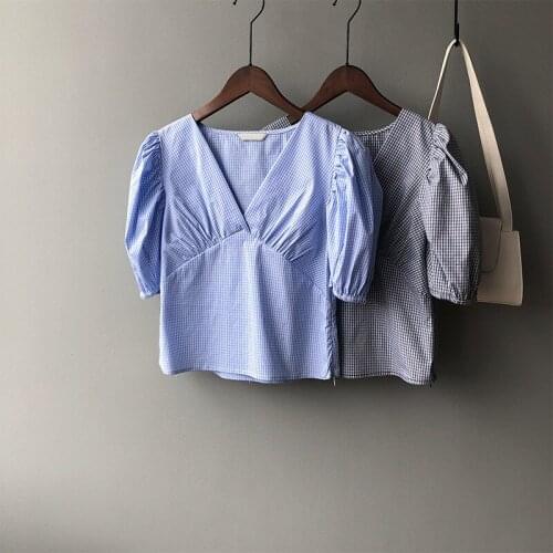 2020 Small Plaid Sexy V-Neck Puff Sleeve Women Cotton Blouses Cropped Tops Blusas Roupa Feminina Outwear