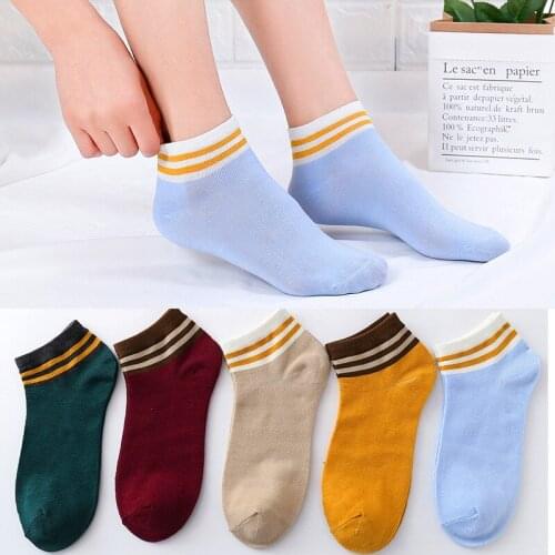 Short Tube Spring And Summer Socks Polyester Cotton Womens Boat Japanese College Style Parallel Bars Striped
