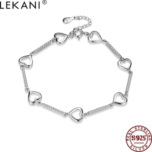 LEKANI 925 Sterling Silver Romantic Love Bracelet Women Simple Heart Charm Bracelets Fine Jewelry Anniversary Gift Hot Sale