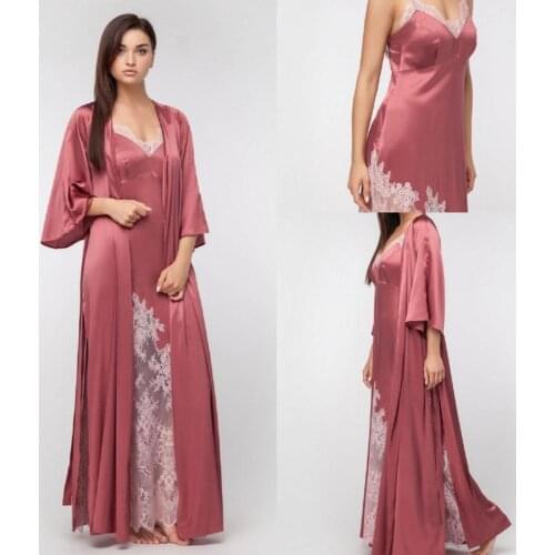 Two Pieces Long Bathrobe Lace Women Floor Length Lingerie Nightgown Pajamas Sleepwear Womens Luxury Gowns Housecoat Nightwear