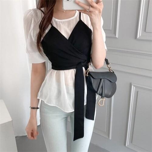 2021 Summer Two Piece Sets Puff Sleeves Blouses Elegant Thin High Street OL Slim-Fit All Match Fashion Tank Tops