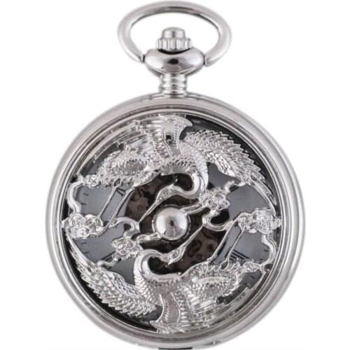 10pcs/lot Antique Steampunk Silver Double Dragon Play Beads Skeleton Mechanical Pocket Watch Roman Dial with Chain