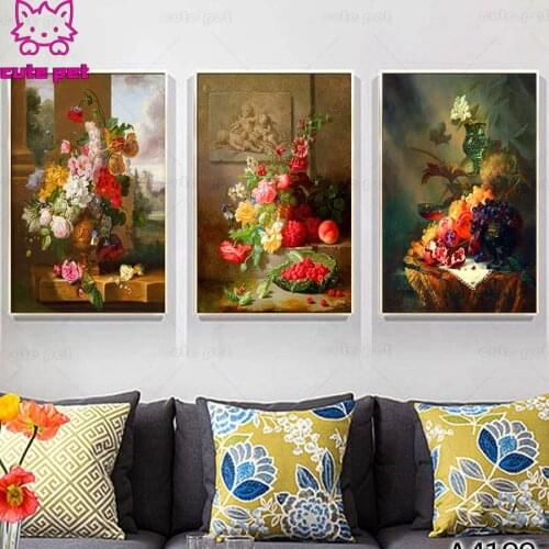Diamond painting diamond embroidery European style, scenery, flowers, fruits full square/round drill puzzles 3 pcs for the decor