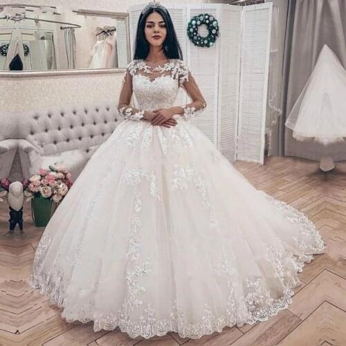 ANGELSBRIDEP Long Sleeves Ball Gown Wedding Dresses Vestido De Noiva Fashion Appliques Court Train Formal Wedding Bride Dresses